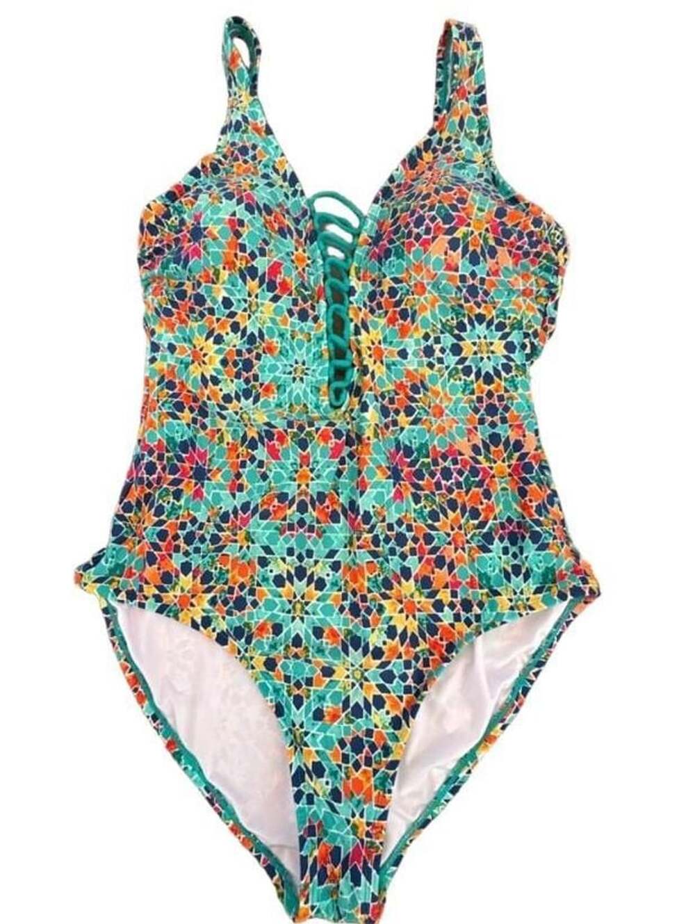 Jantzen Empress 16 Teal Mosaic Lace Up Tummy Control One Piece Swimsuit